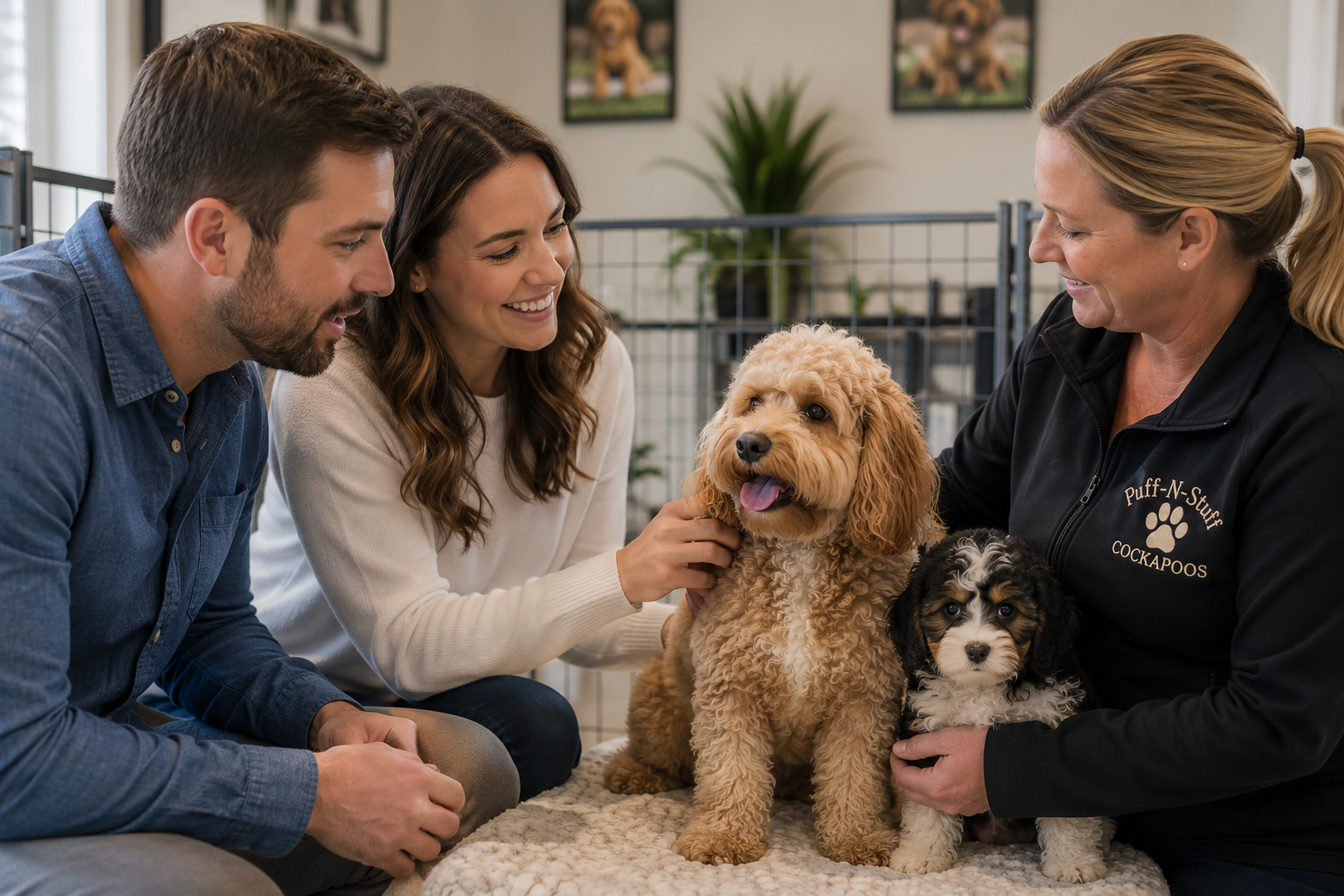 Family discussing parent dogs with a Cockapoo breeder