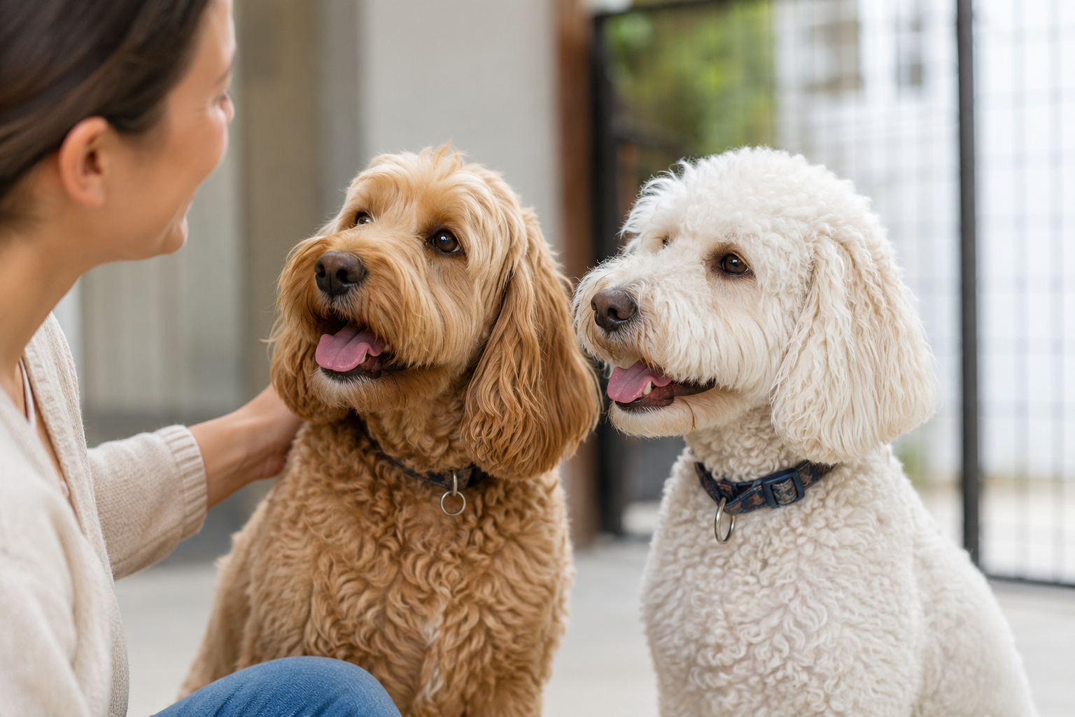 Prospective Cockapoo owner meeting healthy parent dogs and discussing their health and temperament with a breeder